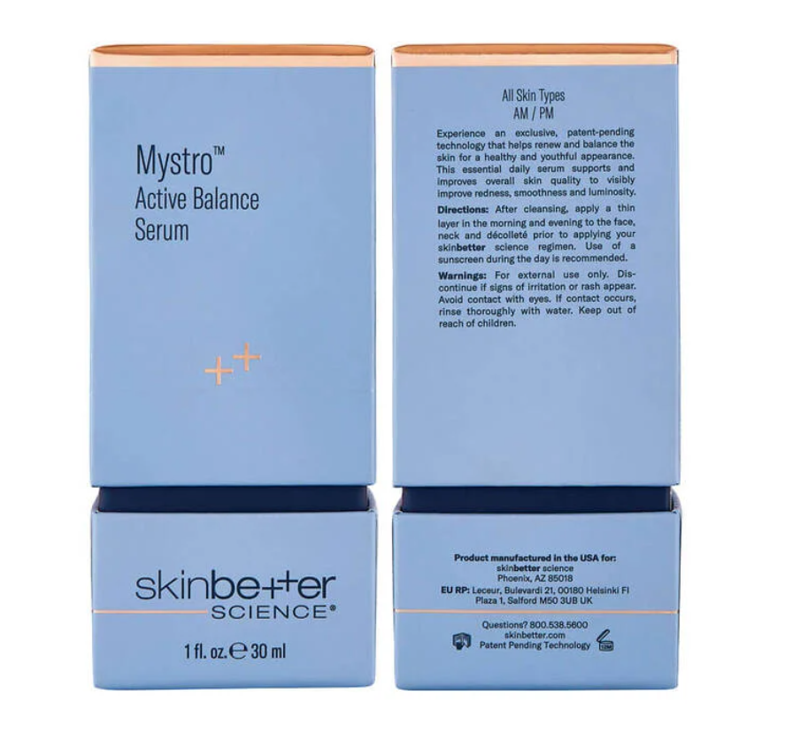 SkinBetter Mystro Active Balance Serum, back label and ingredient panel, at FRZN Aesthetics in Frisco, TX