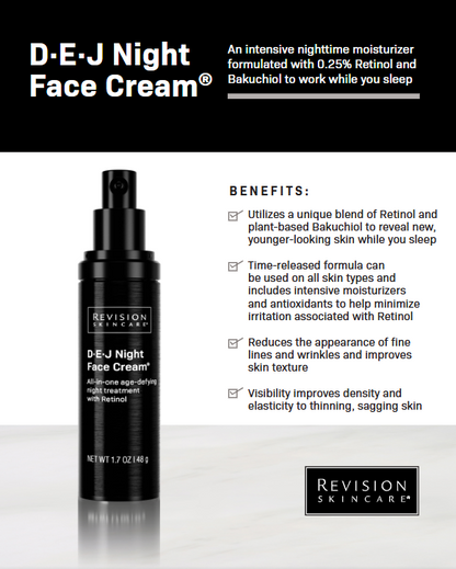 Revision DEJ Night Face Cream, key benefits and results, at FRZN Aesthetics in Frisco, TX