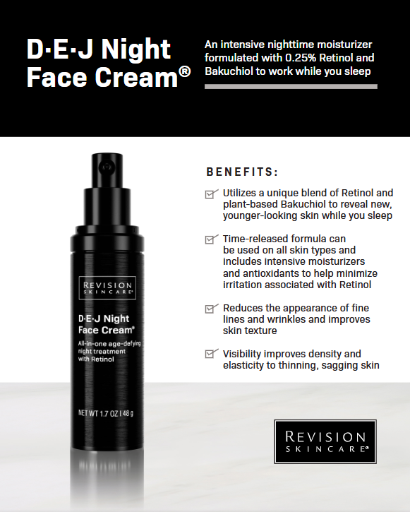 Revision DEJ Night Face Cream, key benefits and results, at FRZN Aesthetics in Frisco, TX